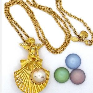 Kirks Folly Pendant/pin Whispering Angel Sea Shell Necklace Gold Tone in…
